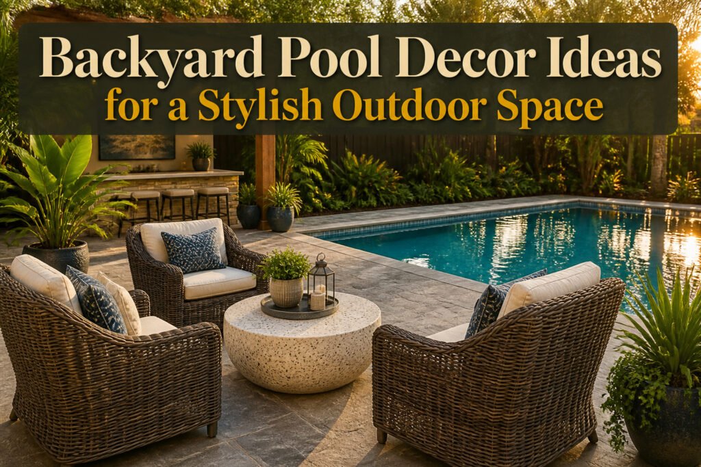 A beautifully arranged backyard pool area with various decor elements.