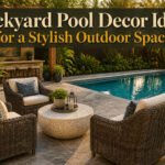 A beautifully arranged backyard pool area with various decor elements.