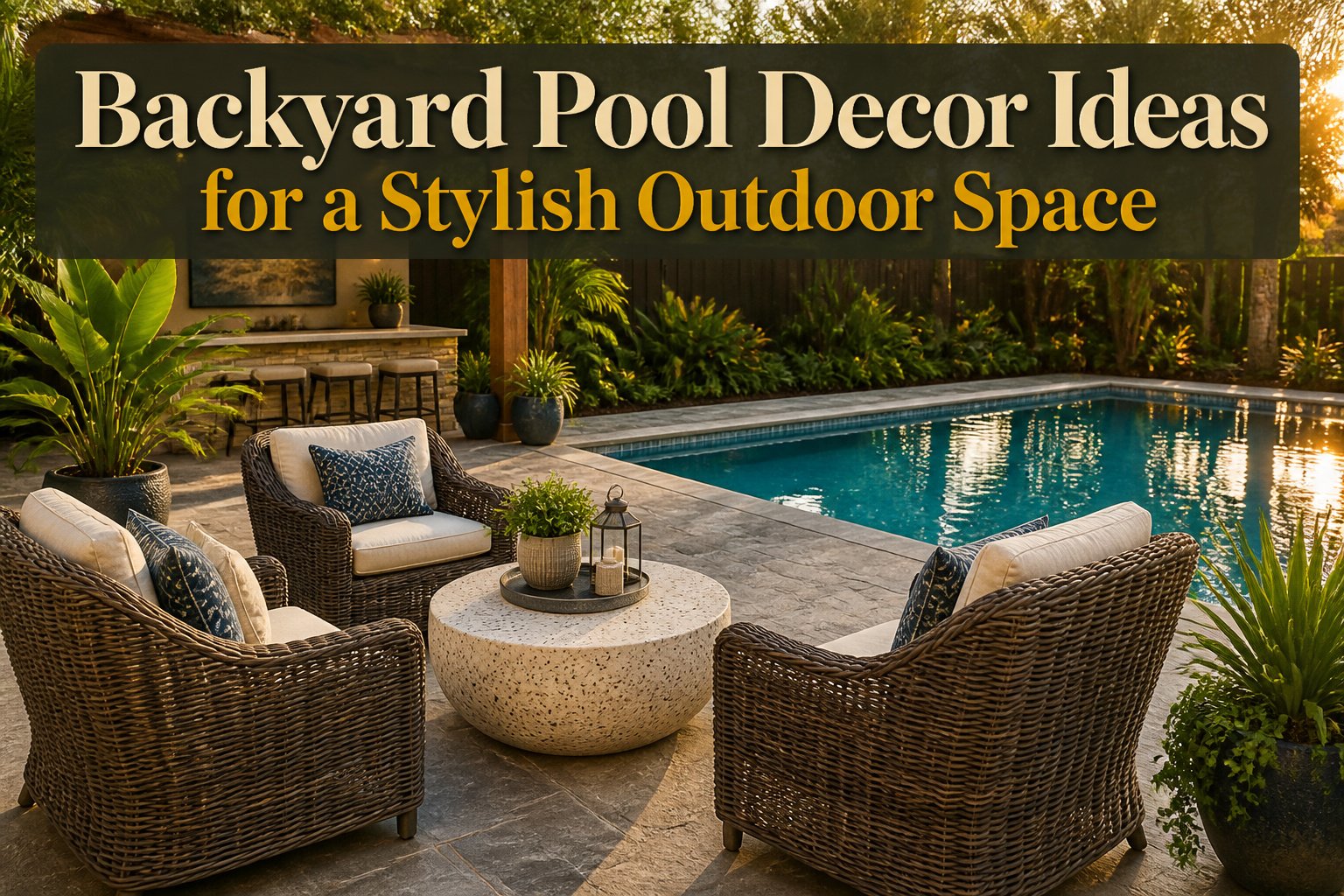A beautifully arranged backyard pool area with various decor elements.