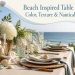 A beach-themed table setting with soft colors and natural materials.