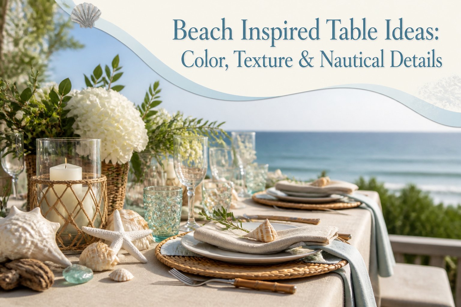 A beach-themed table setting with soft colors and natural materials.