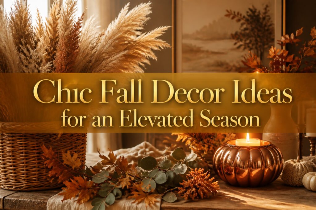 A collection of fall decor items including leaves, candles, and pumpkins.