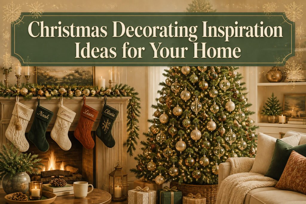 A living room decorated for Christmas with a tree and festive decorations.