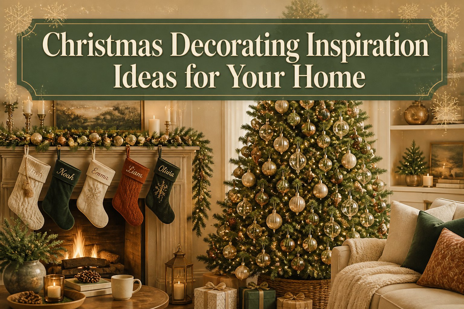 A living room decorated for Christmas with a tree and festive decorations.