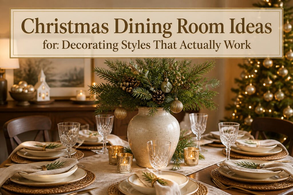 A dining room decorated for Christmas with festive elements and a warm ambiance.