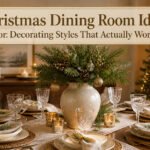 A dining room decorated for Christmas with festive elements and a warm ambiance.