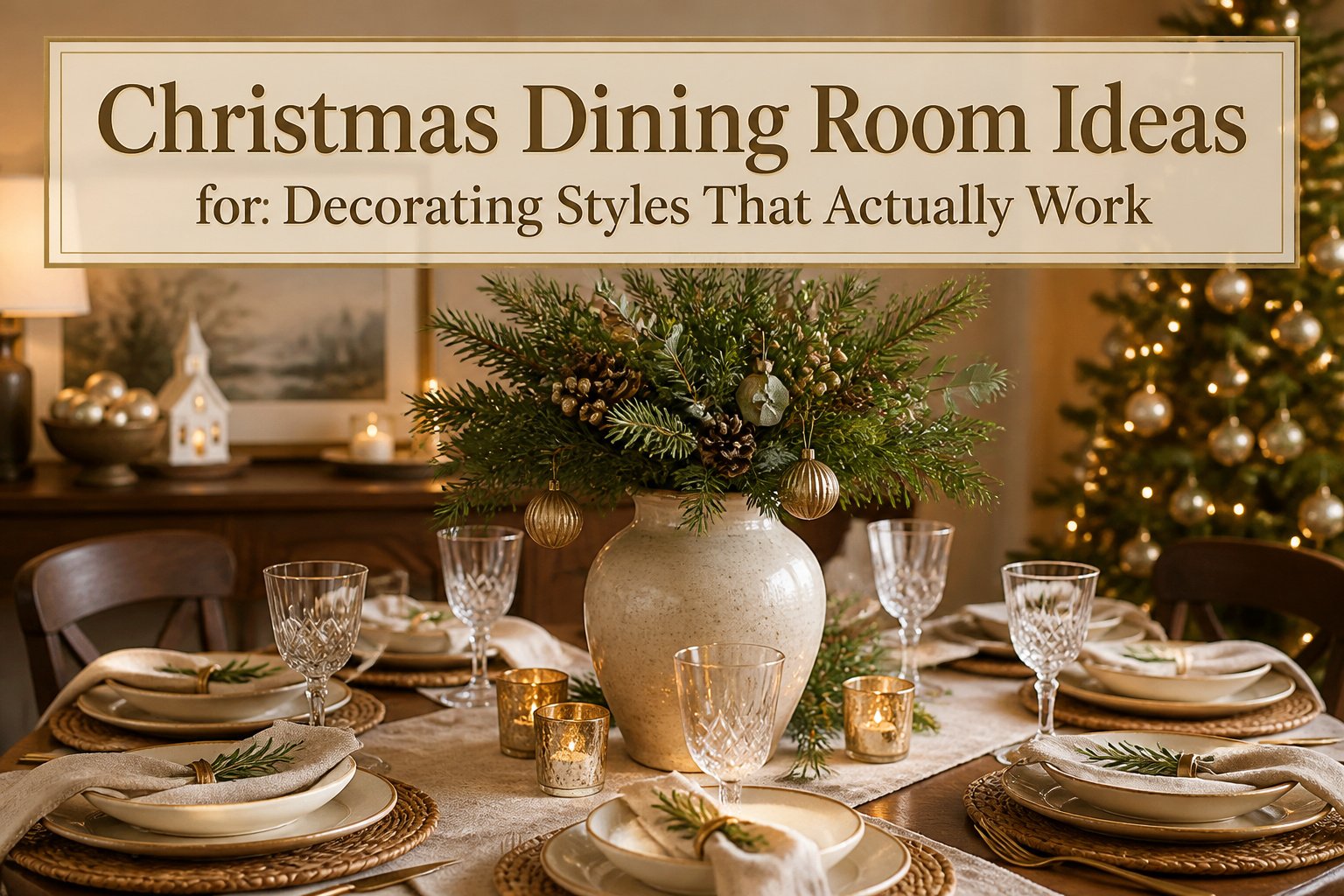A dining room decorated for Christmas with festive elements and a warm ambiance.