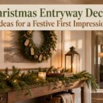 A decorated entryway with Christmas wreaths, lights, and decorative elements.