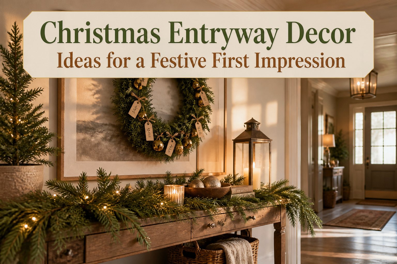 A decorated entryway with Christmas wreaths, lights, and decorative elements.