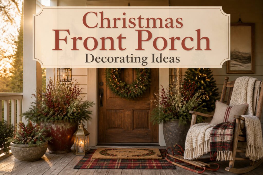 A decorated front porch with wreaths, garlands, and seasonal decor.
