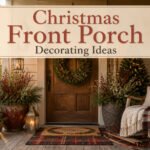 A decorated front porch with wreaths, garlands, and seasonal decor.