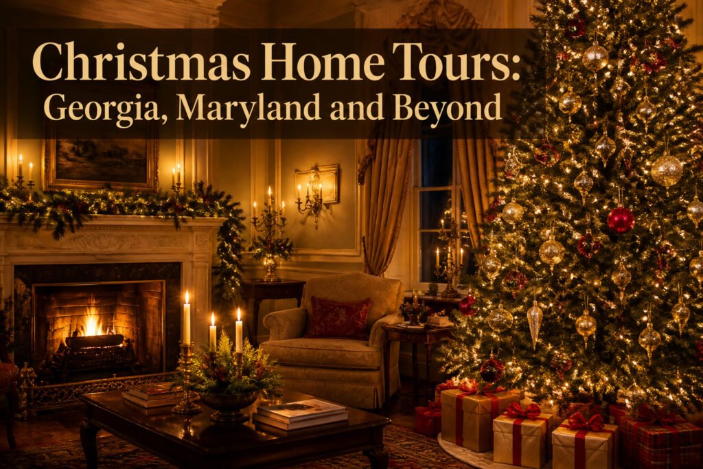 A collage of decorated homes showcasing festive holiday decorations.