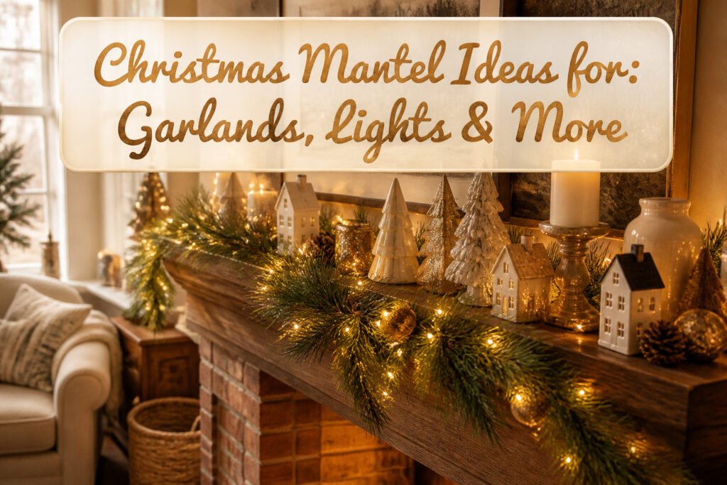 A mantel adorned with layered garlands and warm lights.