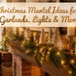 A mantel adorned with layered garlands and warm lights.