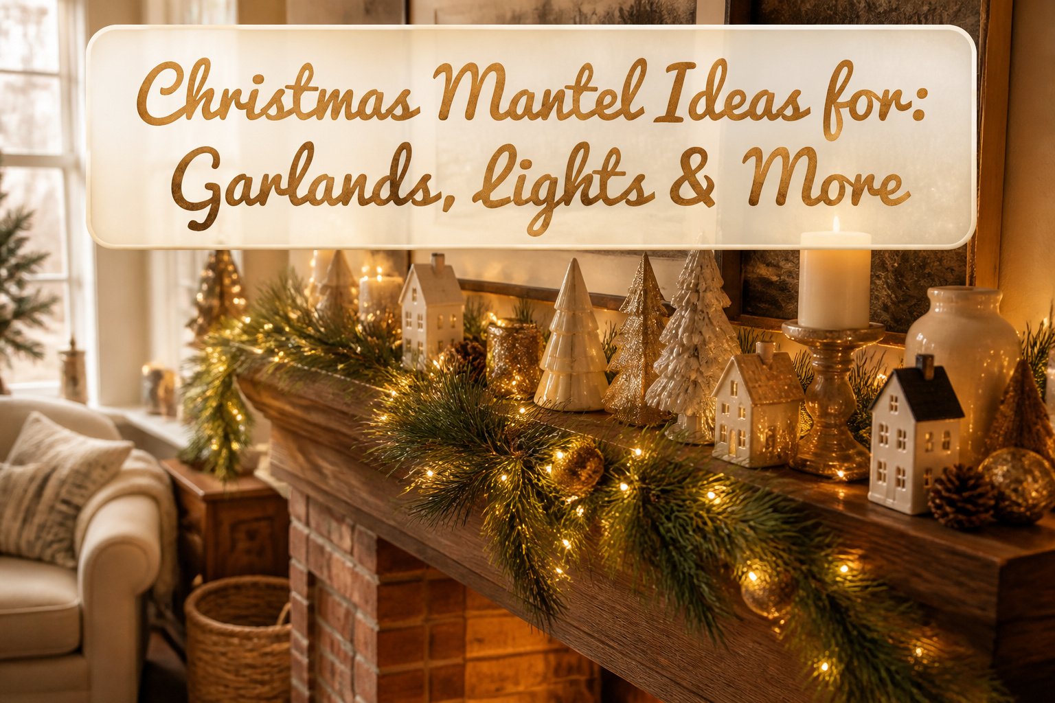 A mantel adorned with layered garlands and warm lights.