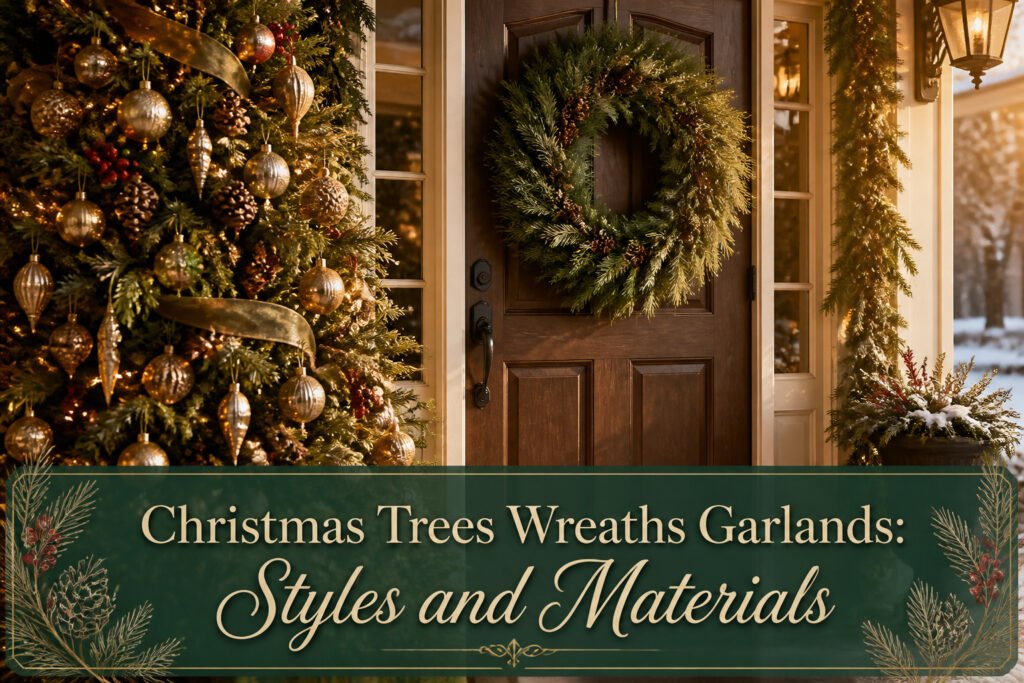 Various Christmas wreaths and garlands displayed together.