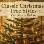 Various classic Christmas trees displayed in a festive setting.