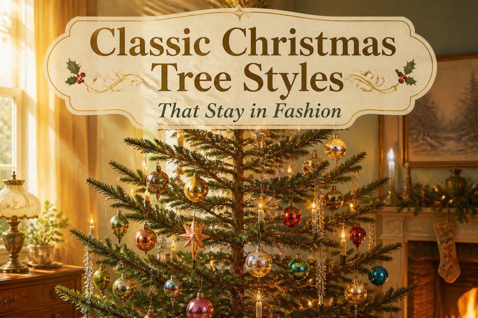 Various classic Christmas trees displayed in a festive setting.