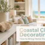 Coastal chic living room with jute rug, rattan baskets, and linen curtains.