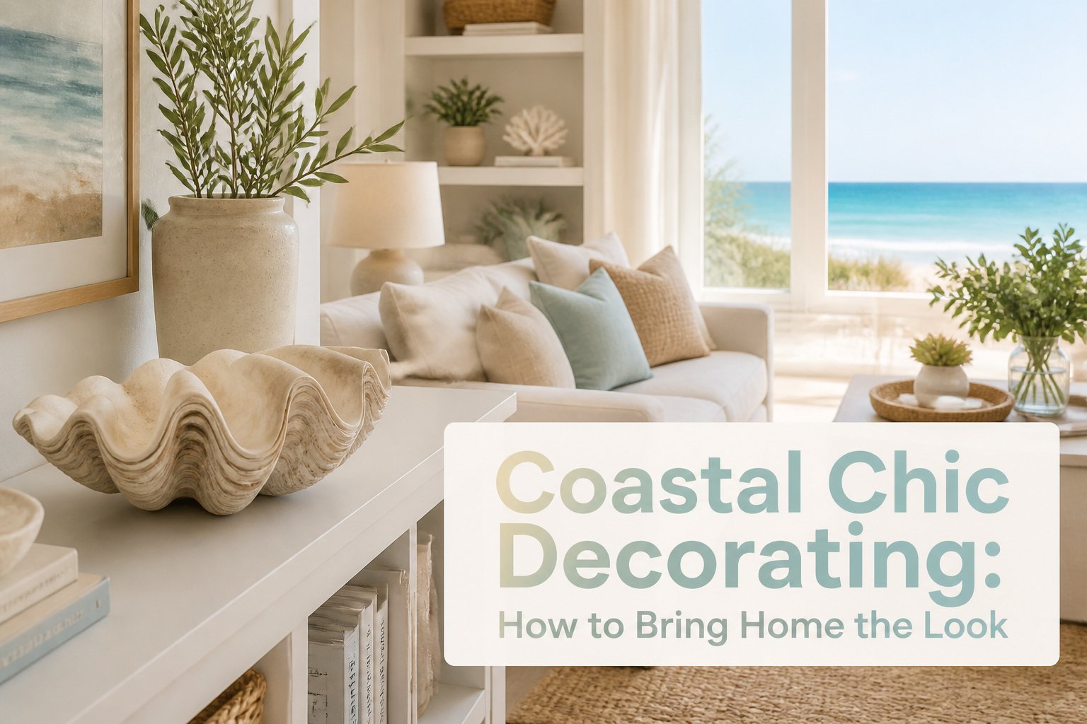 Coastal chic living room with jute rug, rattan baskets, and linen curtains.