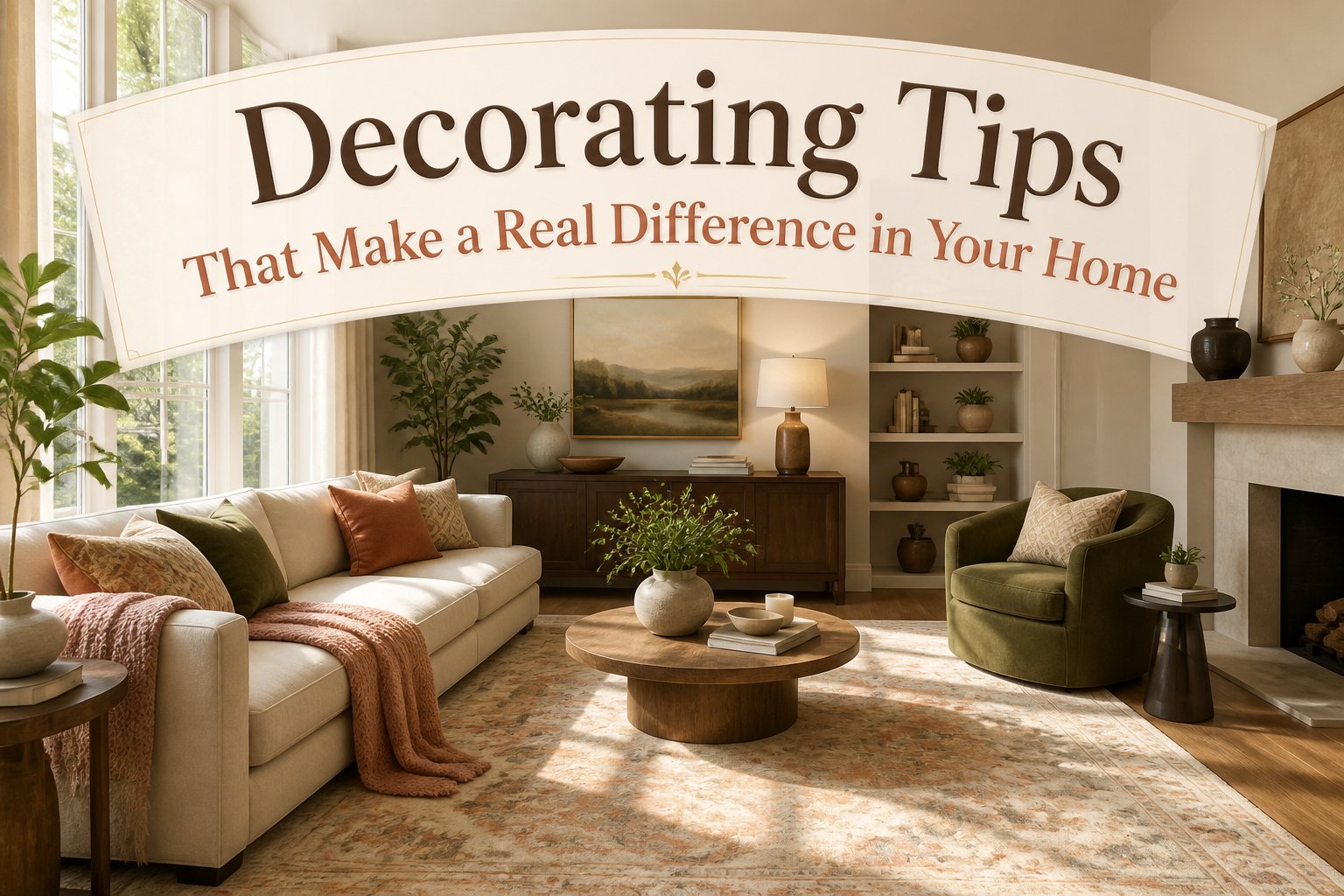 A living room with a large area rug beneath a sofa and chairs.