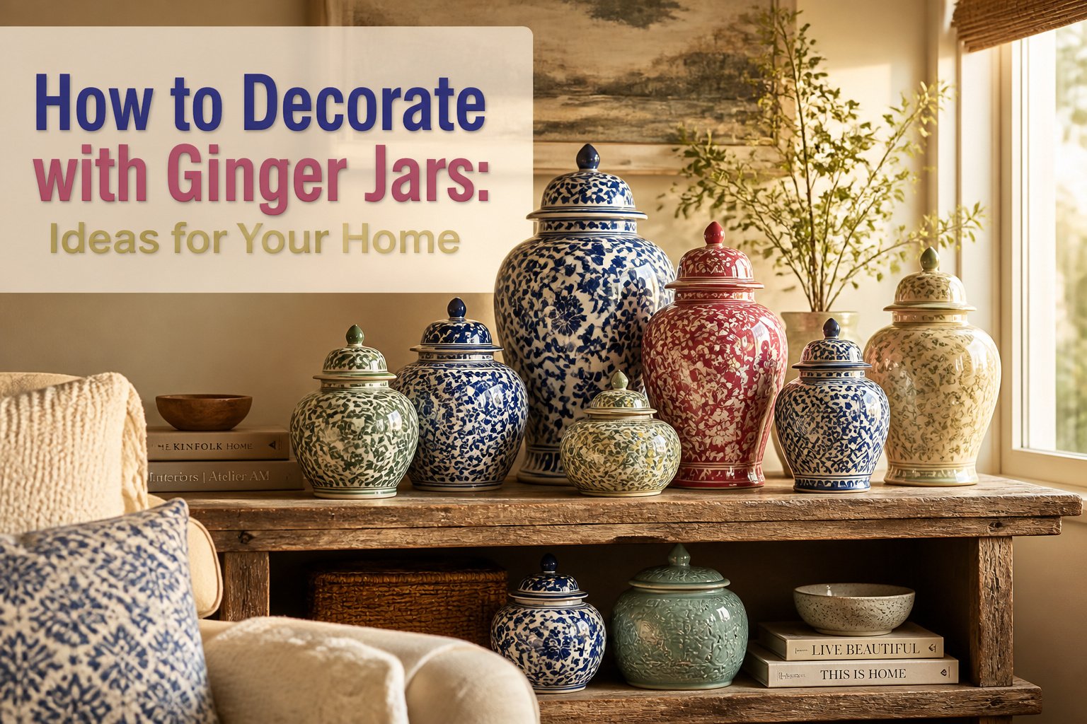 A collection of ginger jars in different sizes and colors displayed together.