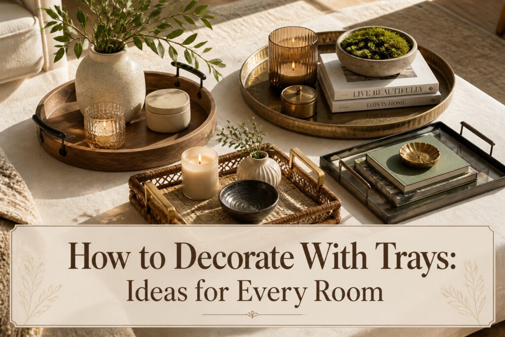 An assortment of trays displayed in different home environments.