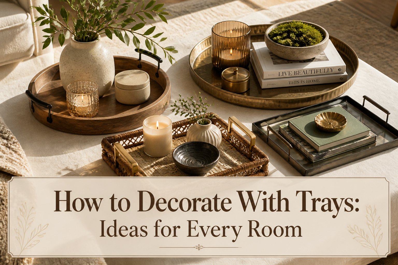 An assortment of trays displayed in different home environments.