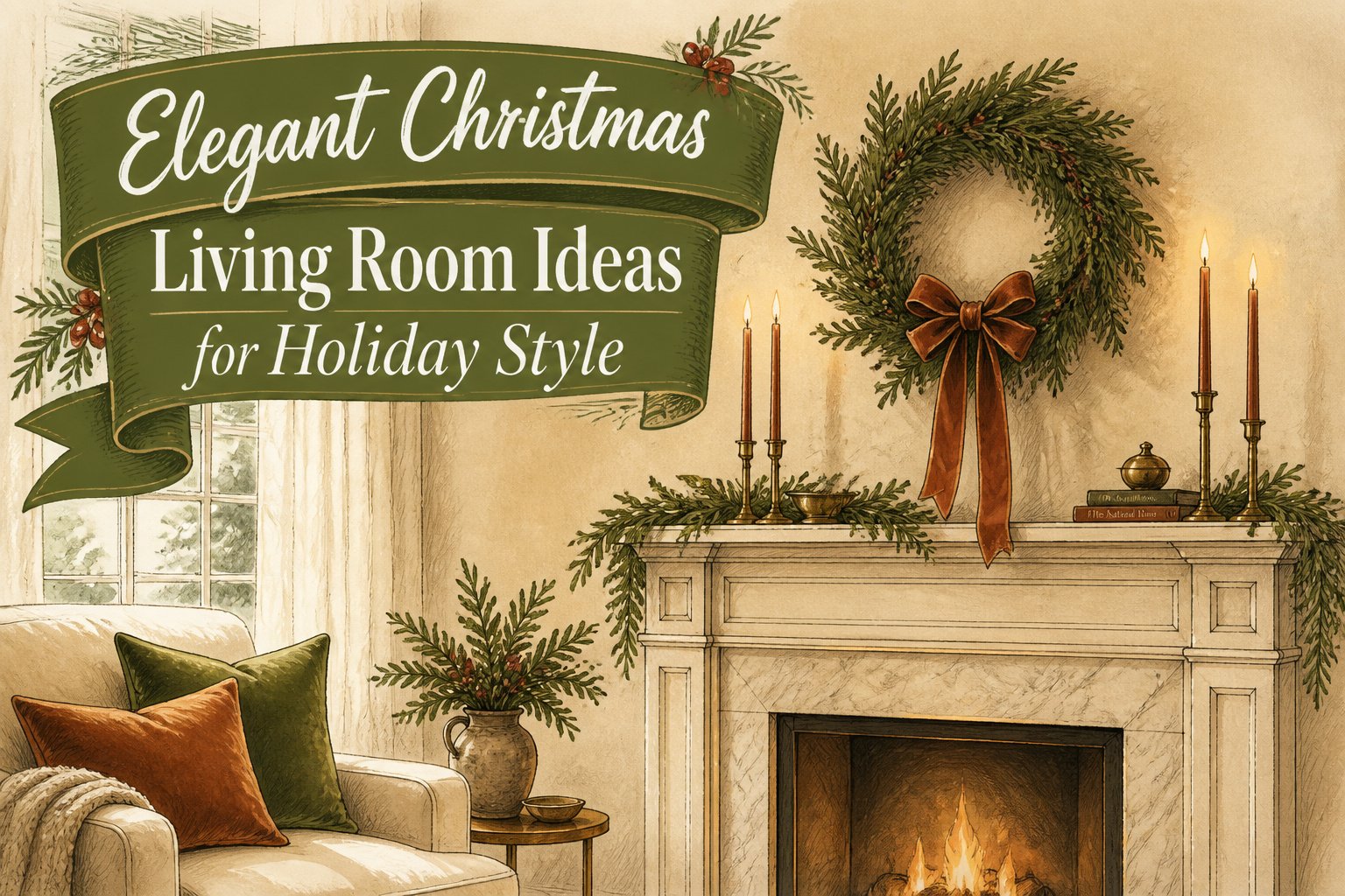 Living room decorated with cream walls, forest green accents, and antique brass.