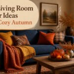 Living room decorated for fall with warm colors and cozy textures.