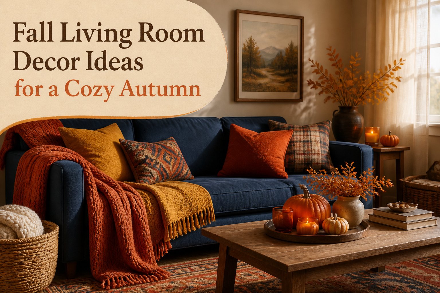 Living room decorated for fall with warm colors and cozy textures.
