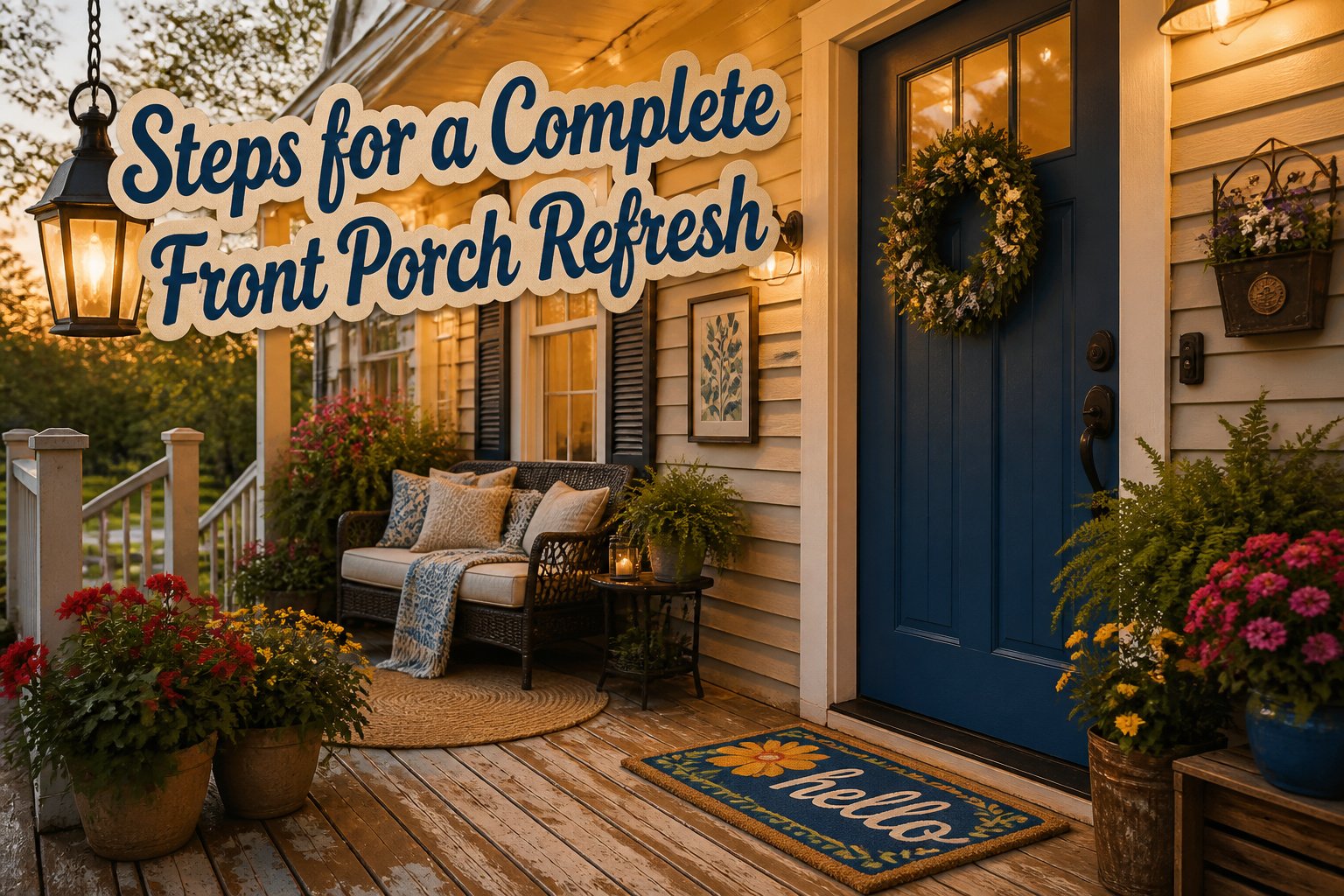 A beautifully designed front porch with fresh paint and decorative elements.