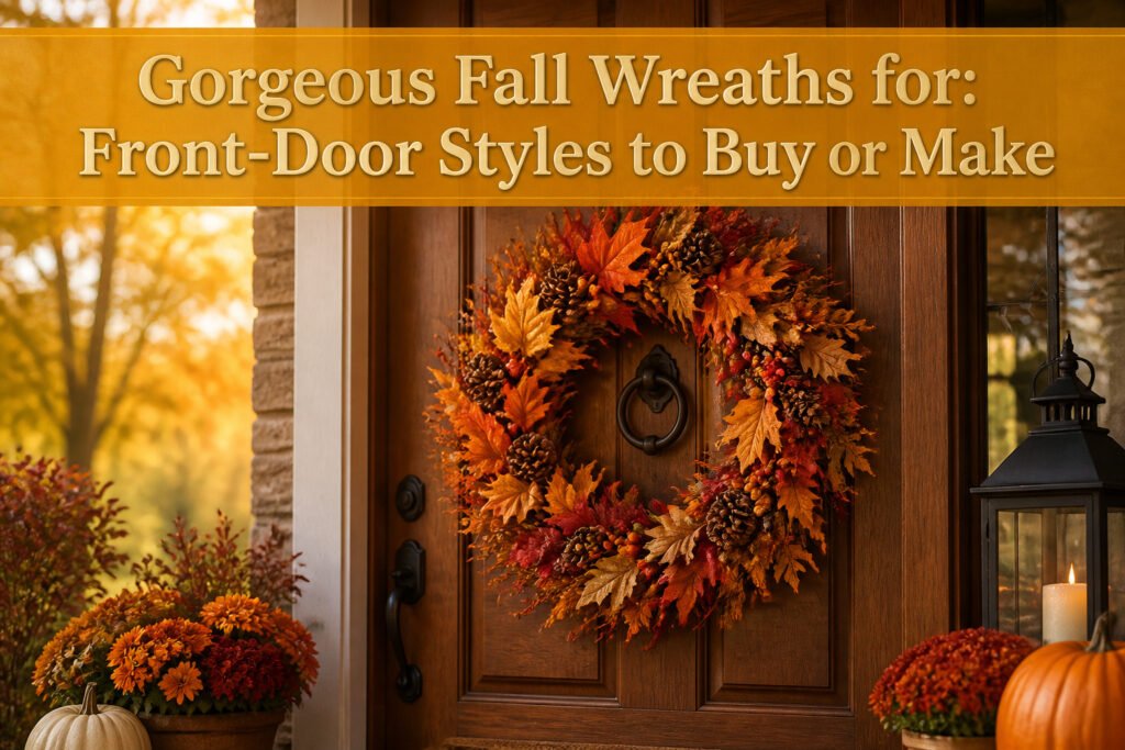 Various fall wreaths displayed on a wooden door.