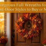 Various fall wreaths displayed on a wooden door.