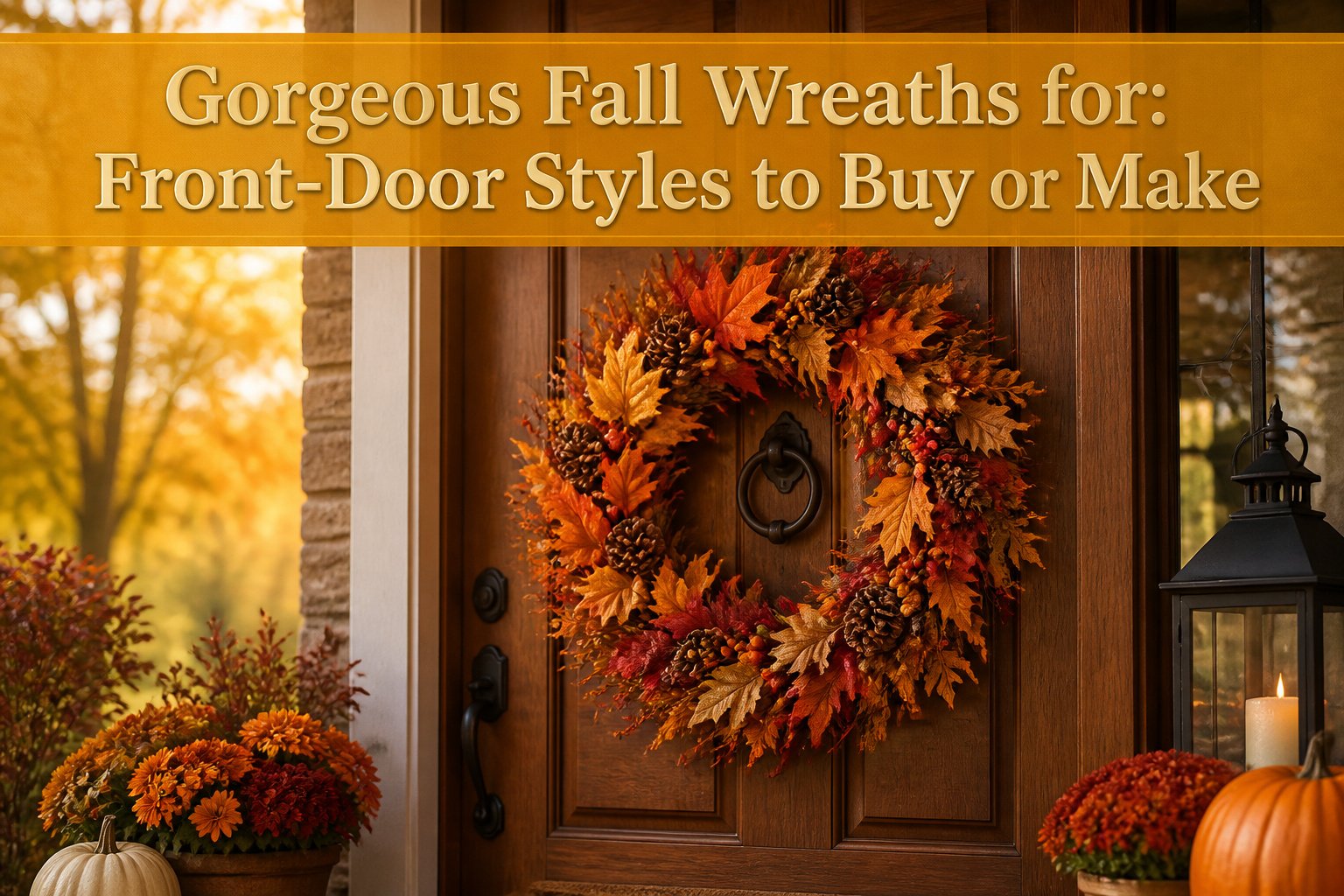 Various fall wreaths displayed on a wooden door.