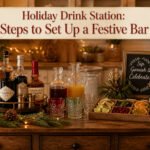 A holiday drink station with various spirits and garnishes set up.