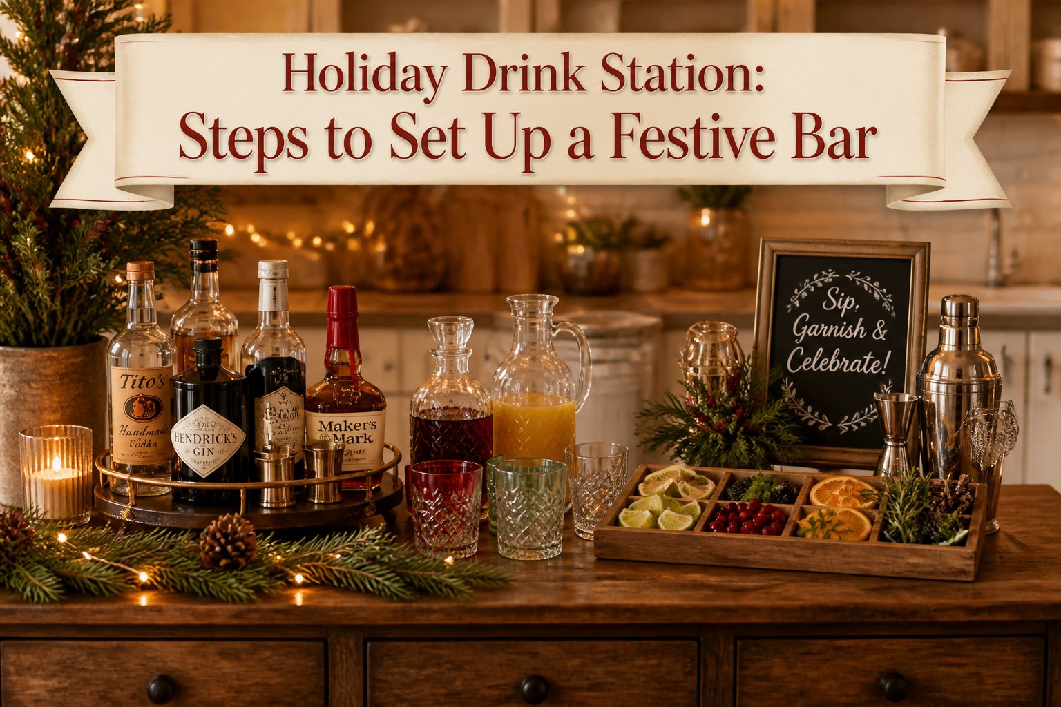 A holiday drink station with various spirits and garnishes set up.