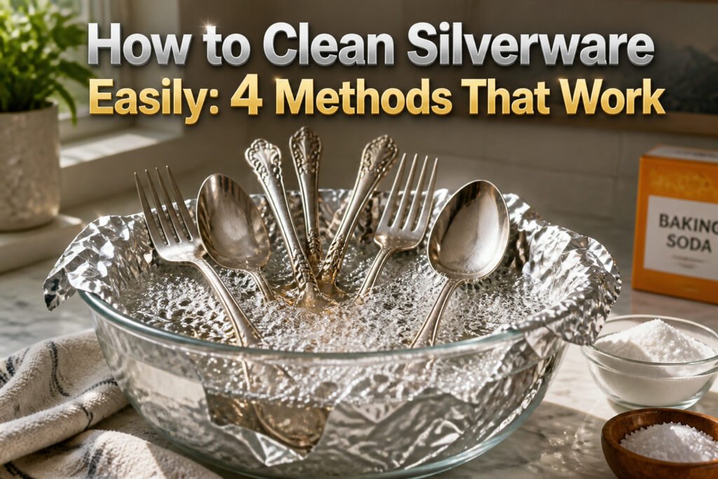 Kitchen countertop with cleaning supplies and polished silverware.