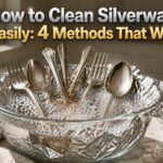 Kitchen countertop with cleaning supplies and polished silverware.
