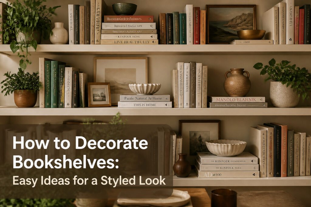 A styled bookshelf with books, decorative objects, and plants.