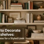 A styled bookshelf with books, decorative objects, and plants.