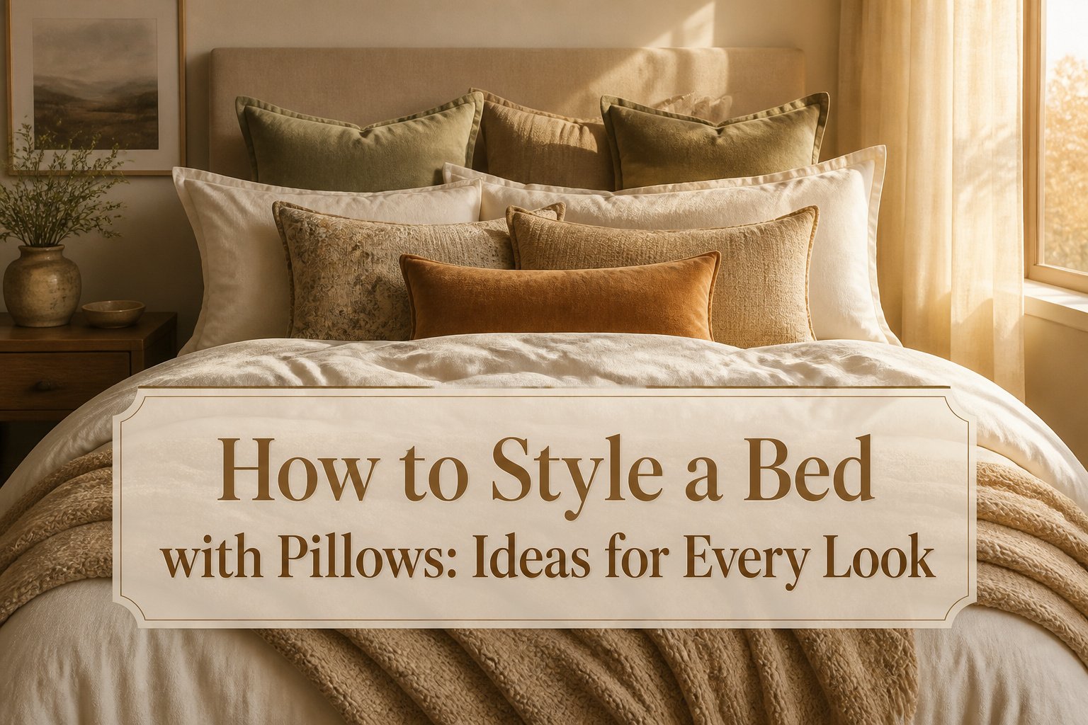 A bed with multiple pillows arranged neatly in a stylish manner.