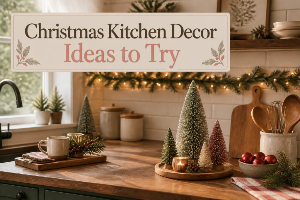 A kitchen decorated for Christmas with various holiday decorations.