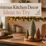 A kitchen decorated for Christmas with various holiday decorations.