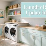 A modern laundry room with white walls, organized shelves, and stylish accents.