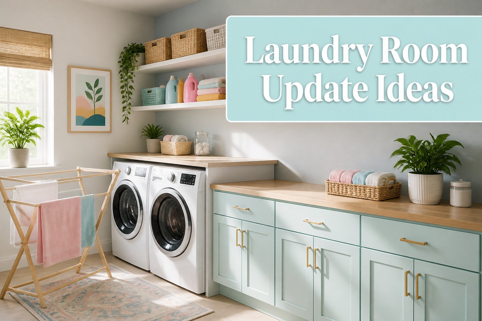 A modern laundry room with white walls, organized shelves, and stylish accents.