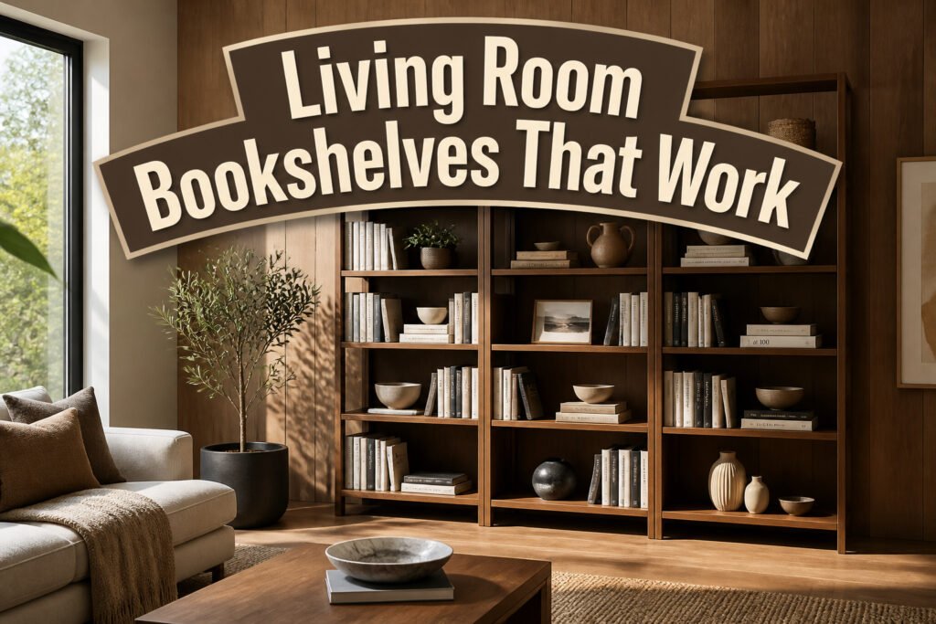 Various living room bookshelves displayed together in a modern setting.