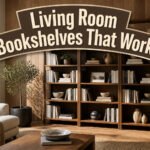 Various living room bookshelves displayed together in a modern setting.