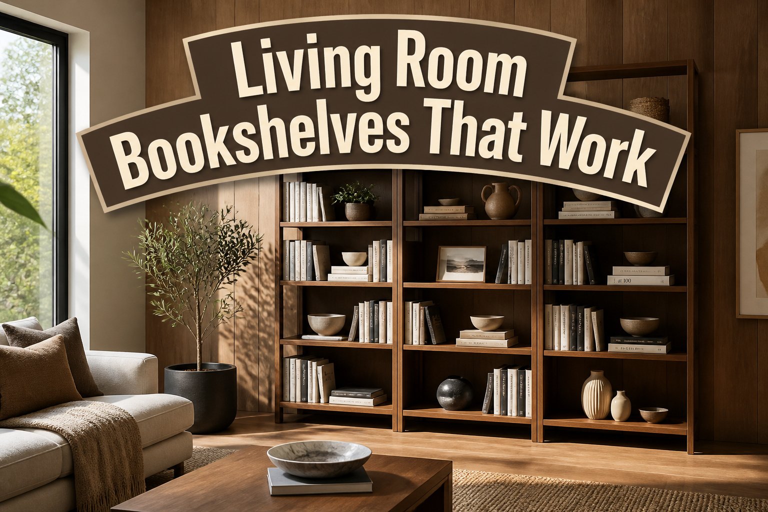 Various living room bookshelves displayed together in a modern setting.