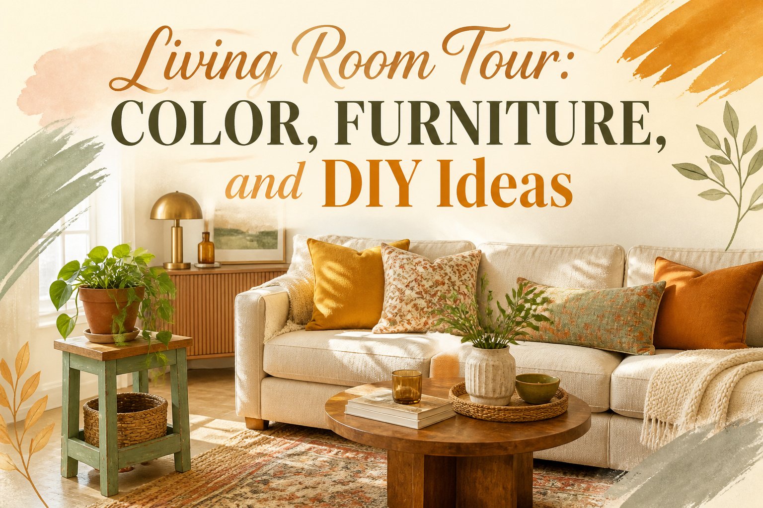 Cozy living room with a sofa, coffee table, and warm decor.